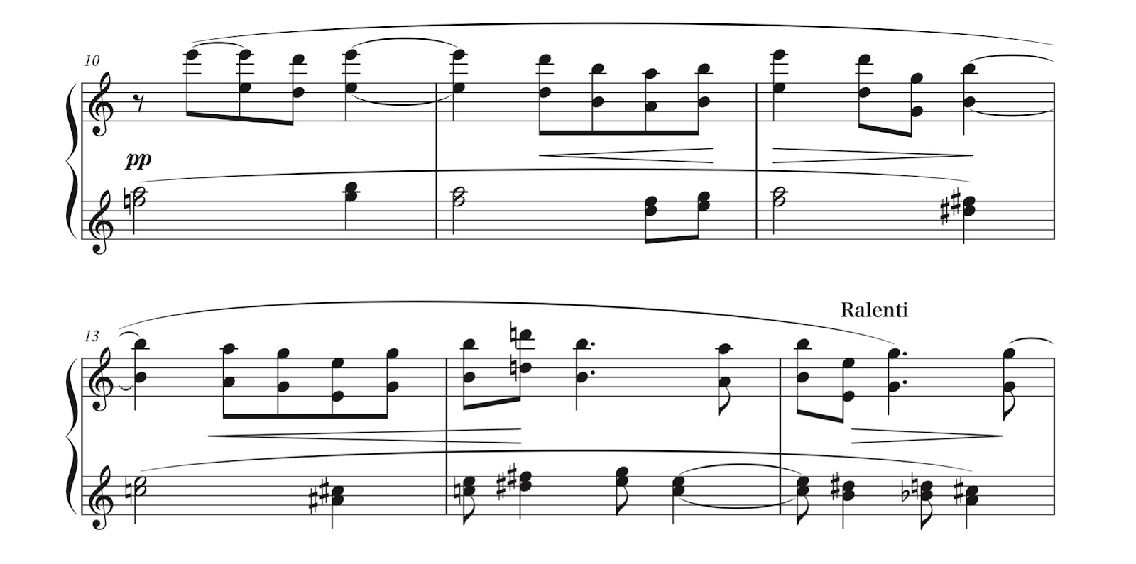 ラヴェル「前奏曲(1913)」10-15小節の楽譜。