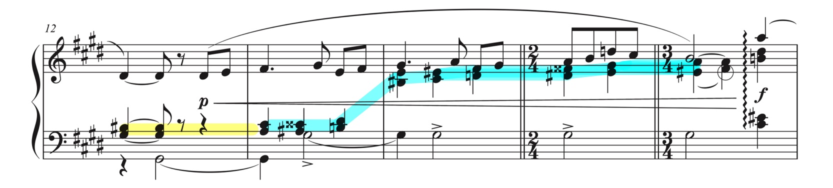 ラヴェル「メヌエット 嬰ハ短調」12-16小節の楽譜。