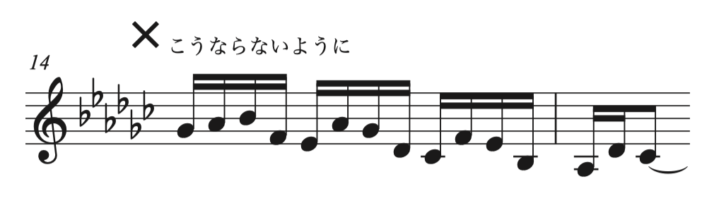 ドビュッシー「亜麻色の髪の乙女」14-15小節の楽譜:声部分離が不十分な演奏例。