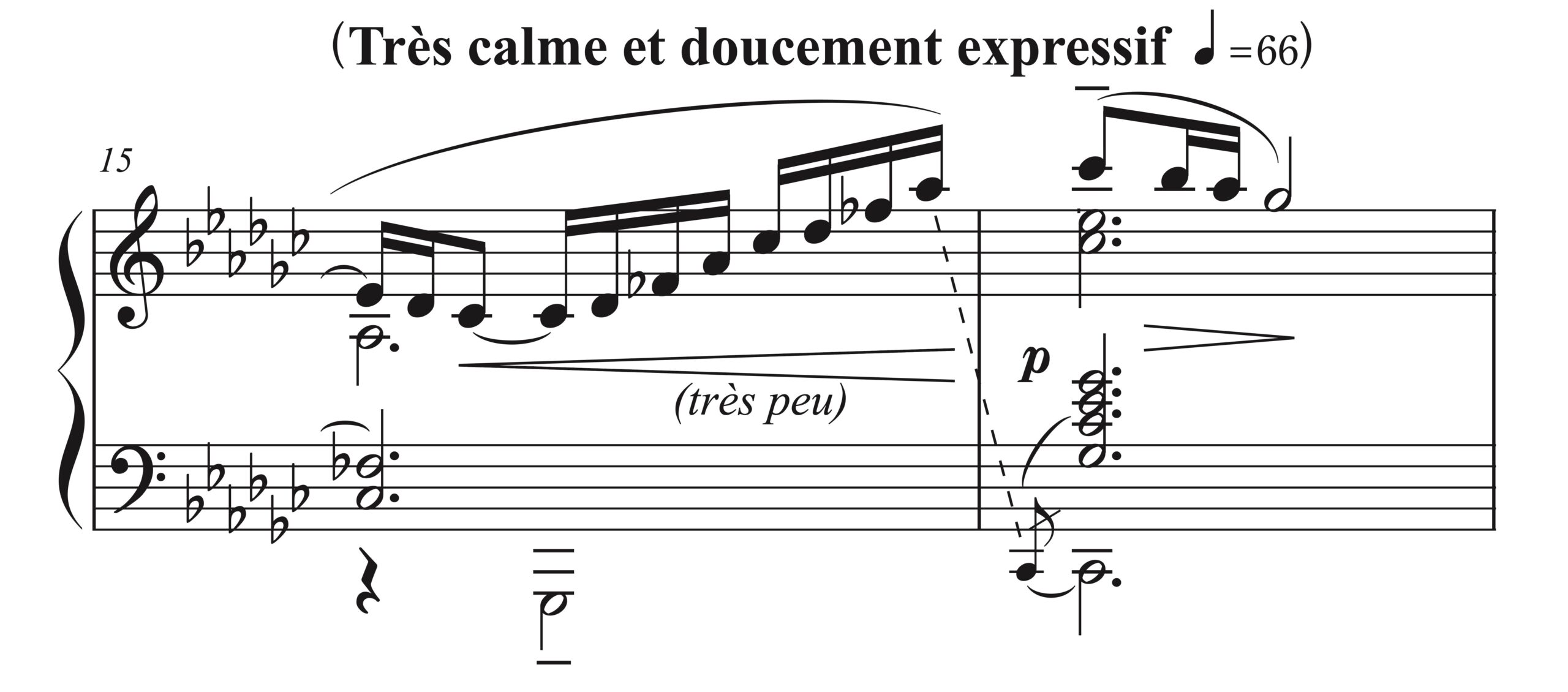 ドビュッシー「亜麻色の髪の乙女」15-16小節の楽譜。