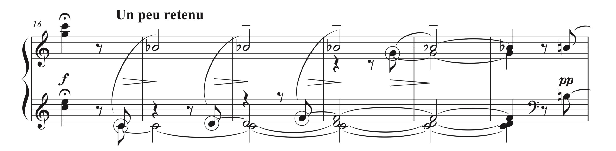 ドビュッシー「小さな黒人」16-21小節の楽譜。