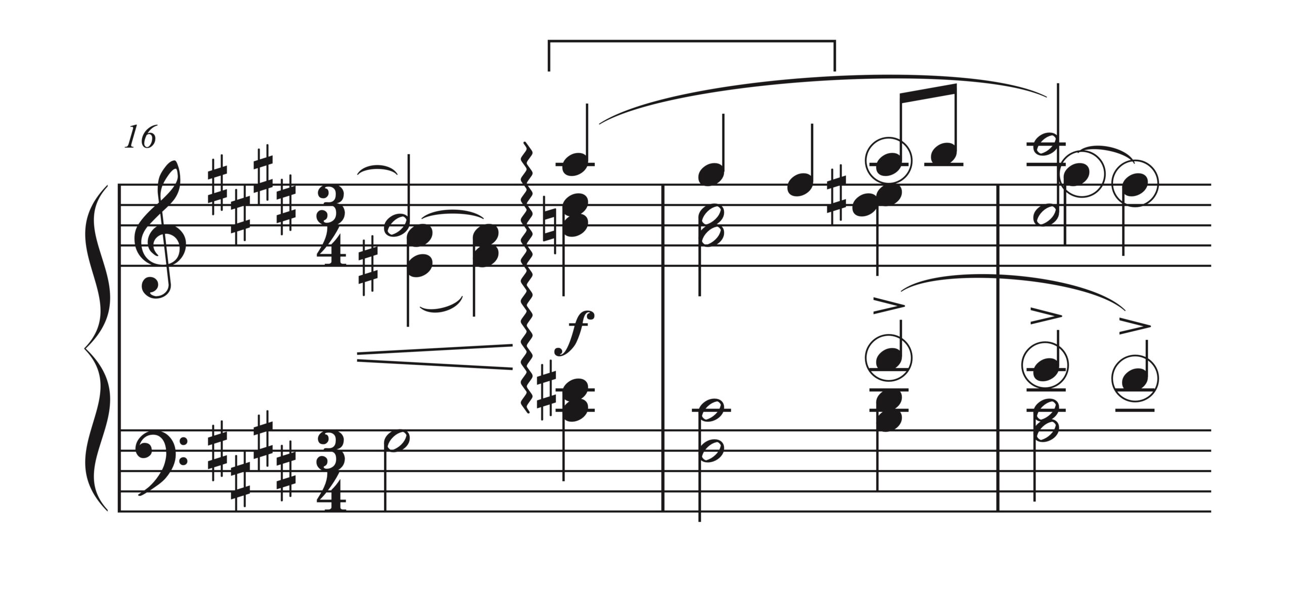 ラヴェル「メヌエット 嬰ハ短調」16-18小節 セクションCクライマックス部分 重要ラインの楽譜。