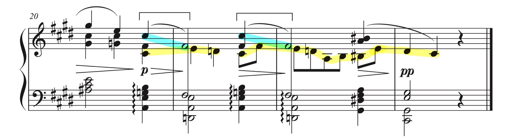 ラヴェル「メヌエット 嬰ハ短調」20-23小節 コーダ部分の楽譜。