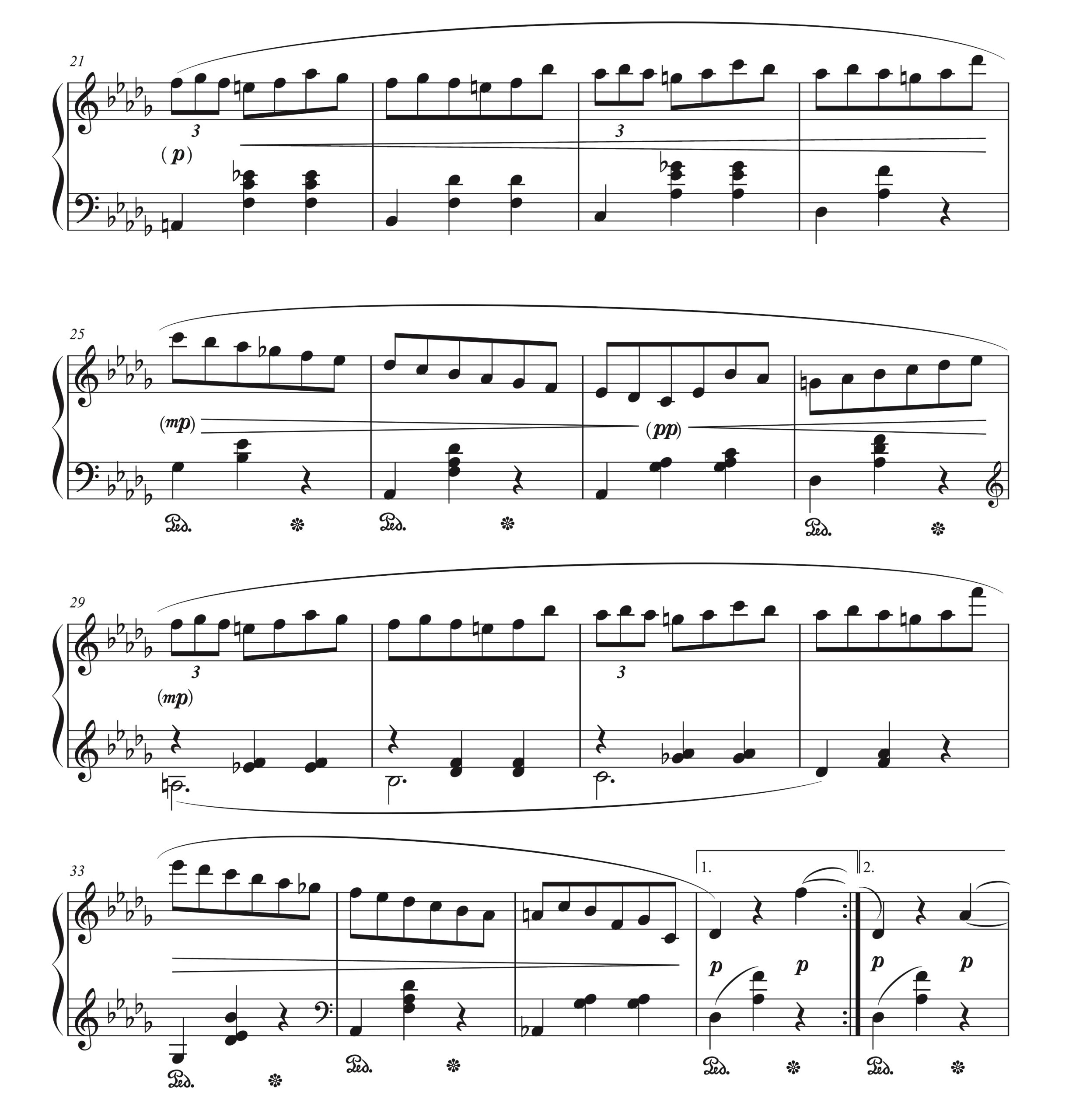 ショパン「小犬のワルツ」21-36小節の楽譜。