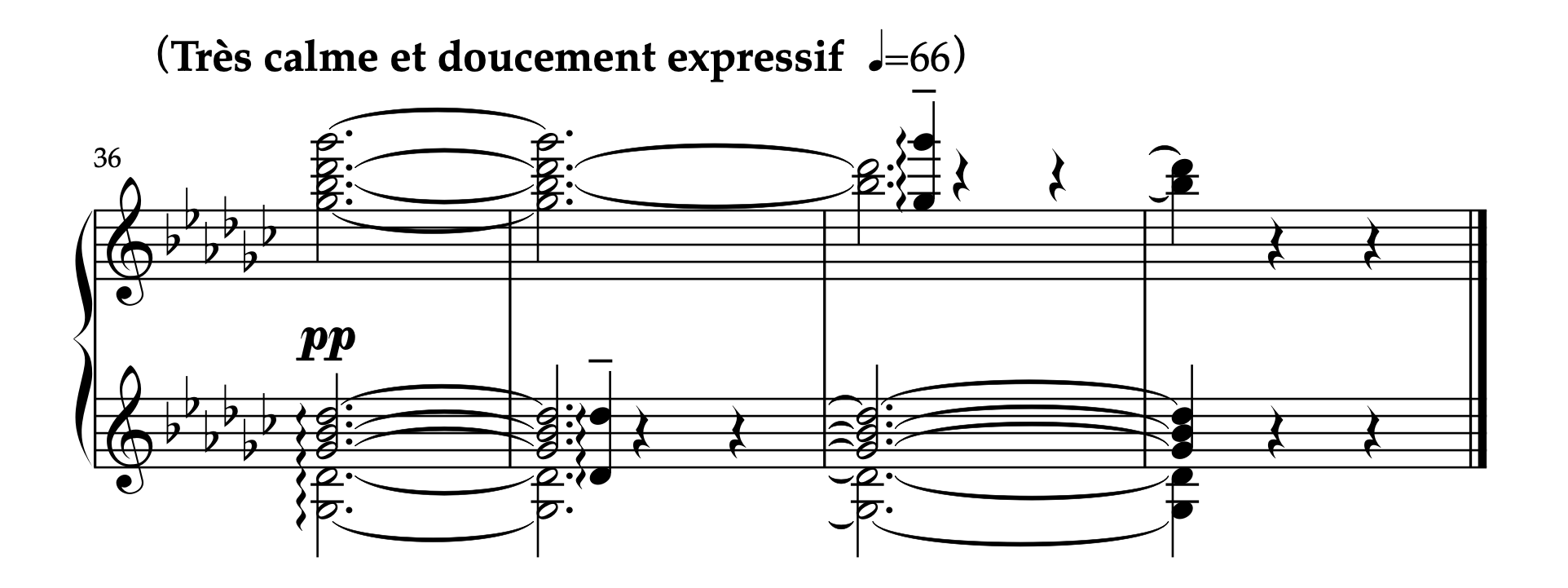 ドビュッシー「亜麻色の髪の乙女」36-39小節の楽譜。