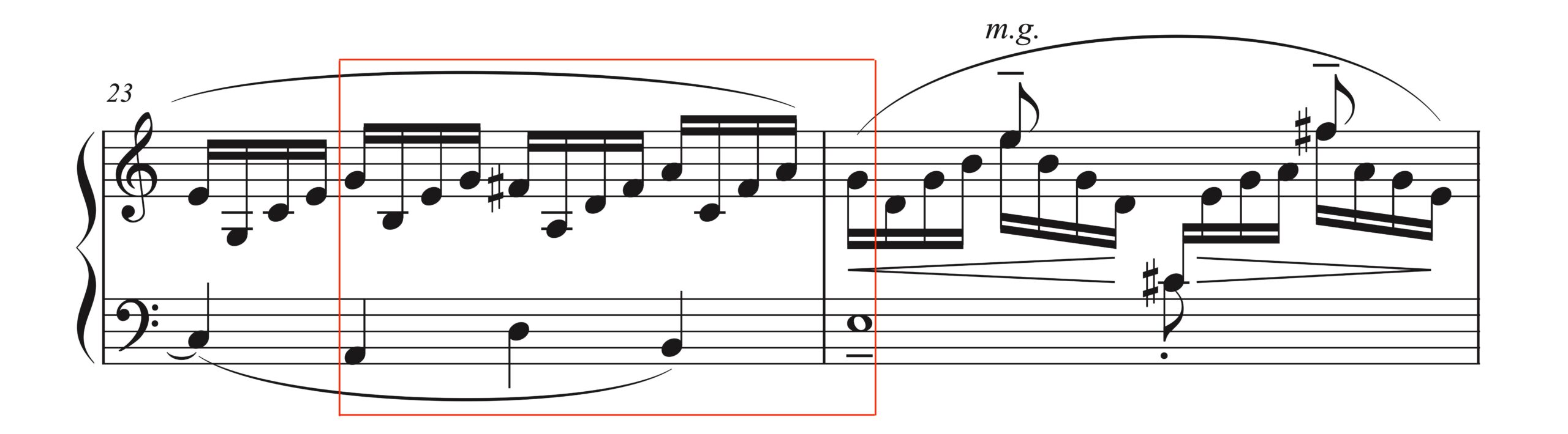 ドビュッシー「グラドゥス・アド・パルナッスム博士」23-24小節の楽譜。