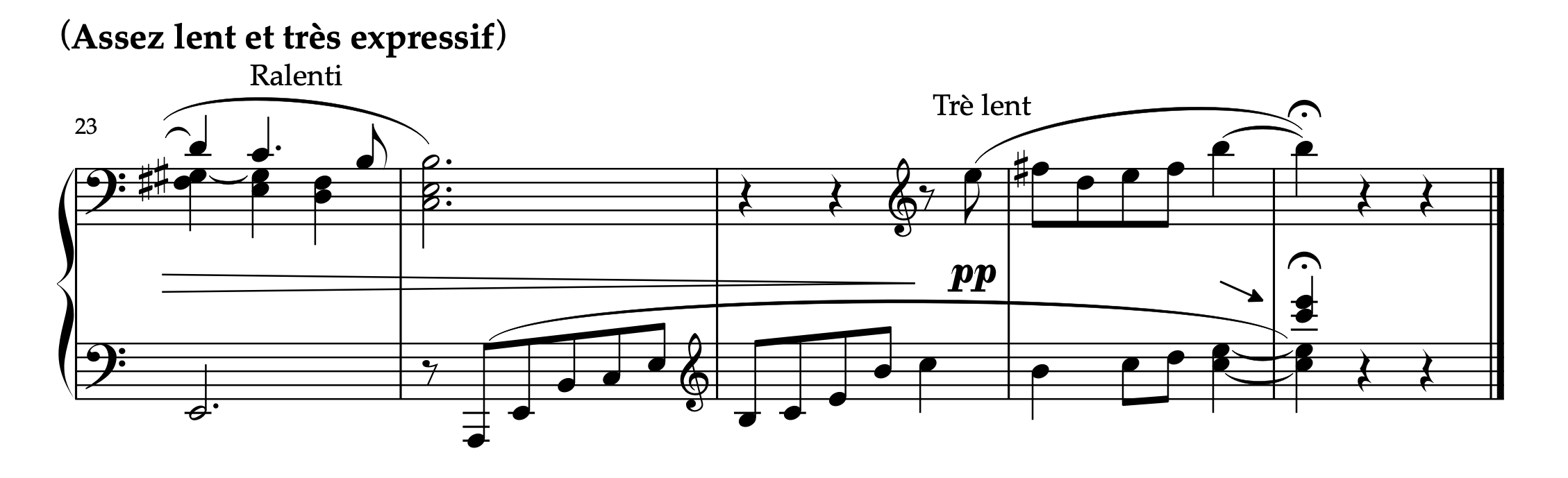 ラヴェル「前奏曲(1913)」23-27小節の楽譜。