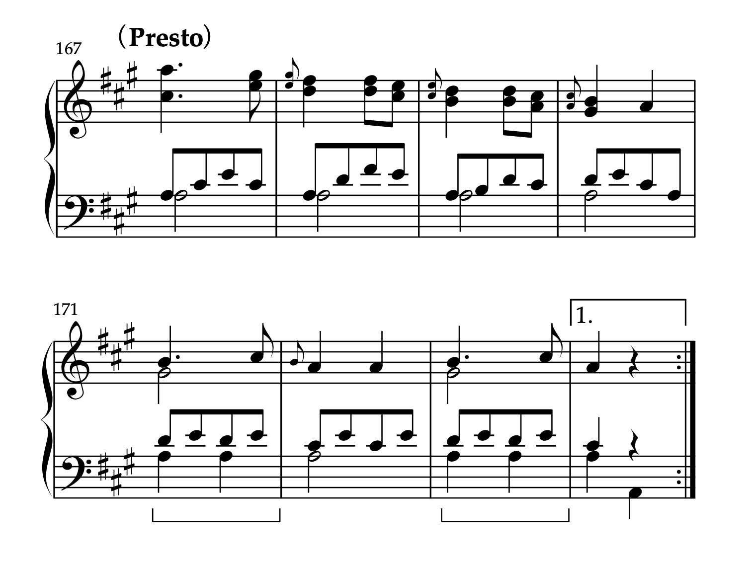 モーツァルト「ピアノソナタ イ短調 K.310 第3楽章」の楽譜。167小節目から174小節目が示されており、バス音のリズムの変化について解説している。