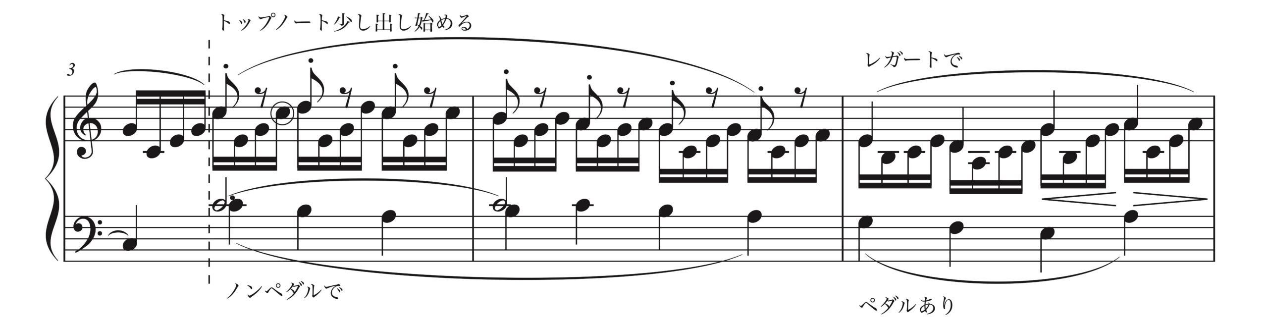 ドビュッシー「グラドゥス・アド・パルナッスム博士」3-5小節の楽譜。