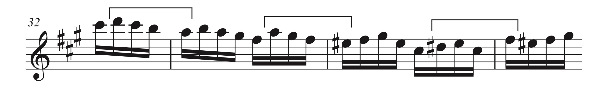モーツァルト「トルコ行進曲」32-35小節の楽譜。小節のつなぎ目に注意が必要な箇所。