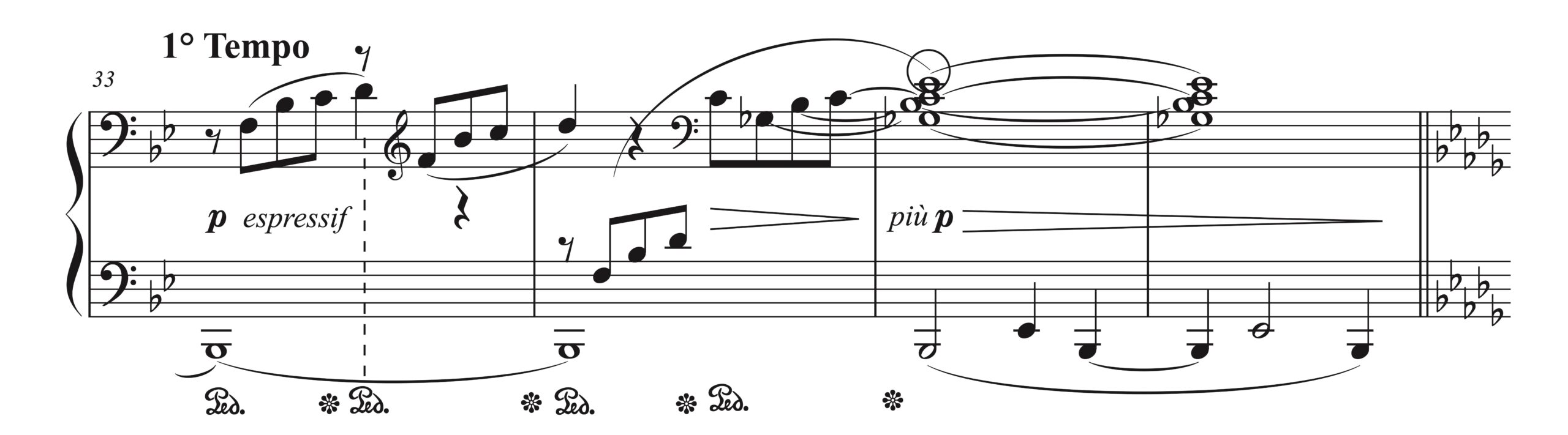 ドビュッシー「グラドゥス・アド・パルナッスム博士」33-36小節の楽譜。