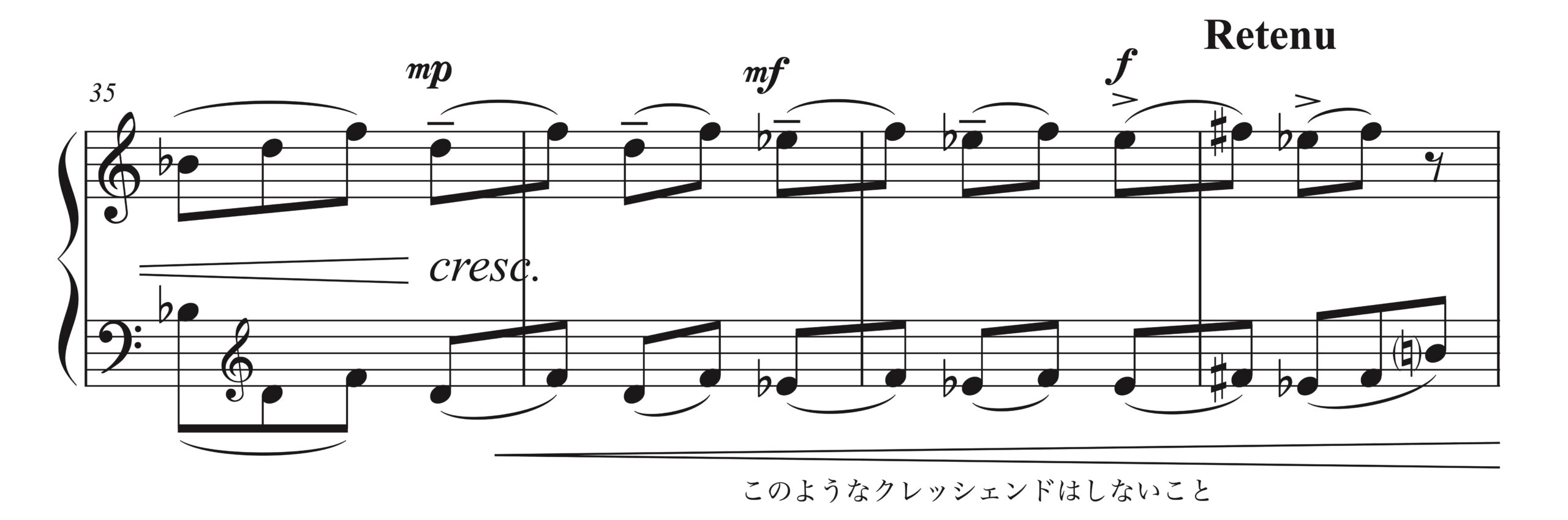 ドビュッシー「小さな黒人」35-38小節の楽譜。