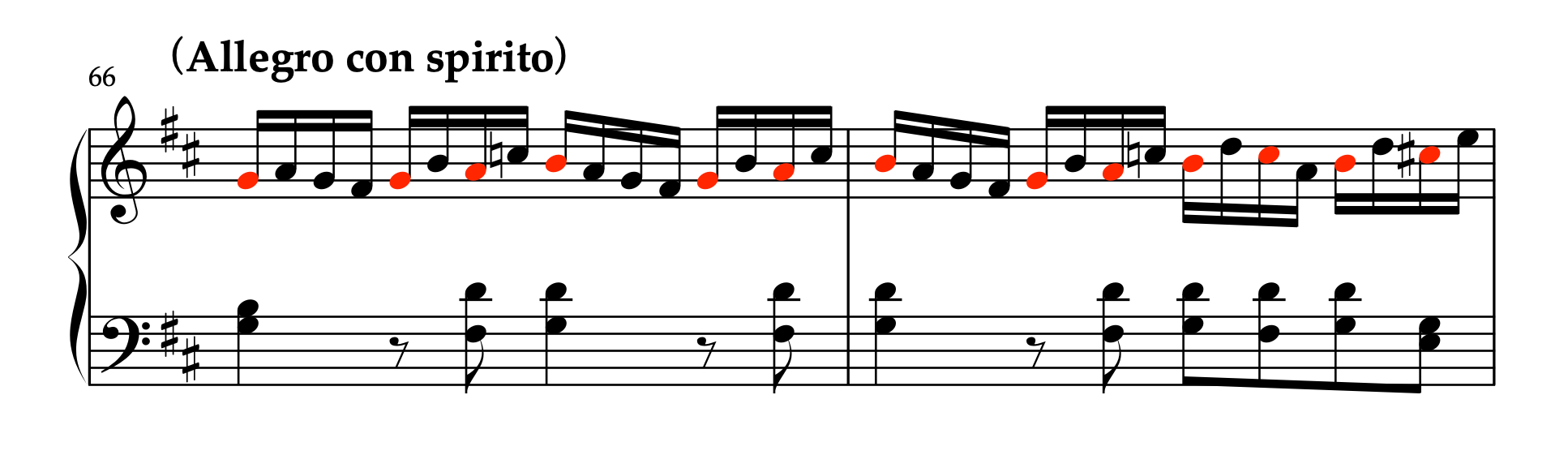 モーツァルト ピアノソナタ ニ長調 K.311 第1楽章 66-67小節の楽譜。速いパッセージの中にある軸となる音を示している。