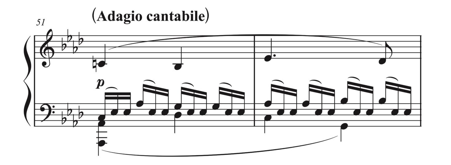 ベートーヴェン「ピアノソナタ 第8番 悲愴 ハ短調 Op.13 第2楽章」51-52小節。2音単位のフレージング技法。