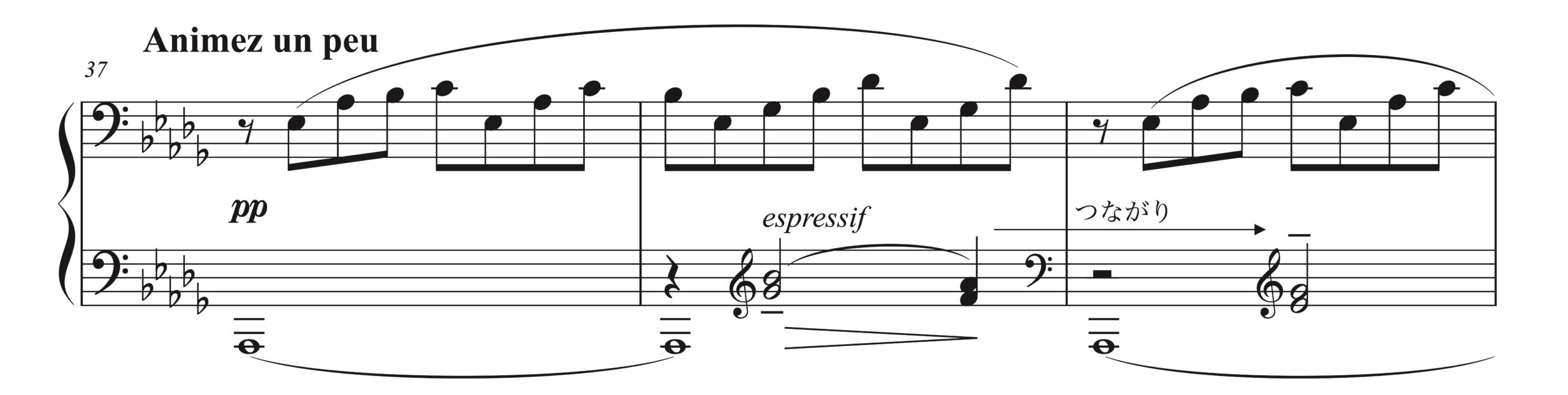 ドビュッシー「グラドゥス・アド・パルナッスム博士」37-39小節の楽譜。