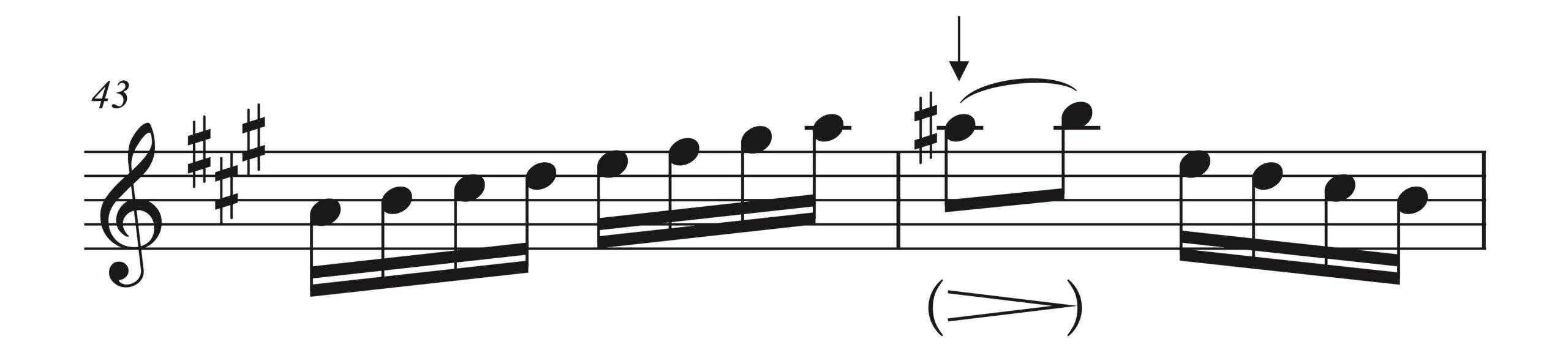 モーツァルト「トルコ行進曲」43-44小節の楽譜。ため息音型の処理方法を示す。