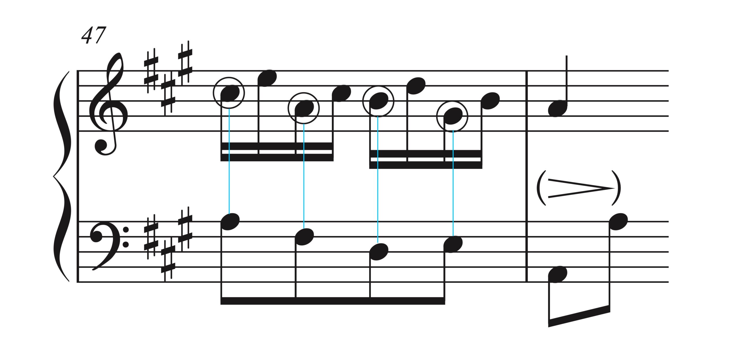モーツァルト「トルコ行進曲」47-48小節の楽譜。ジグザグ音型の軸となる音を示す。