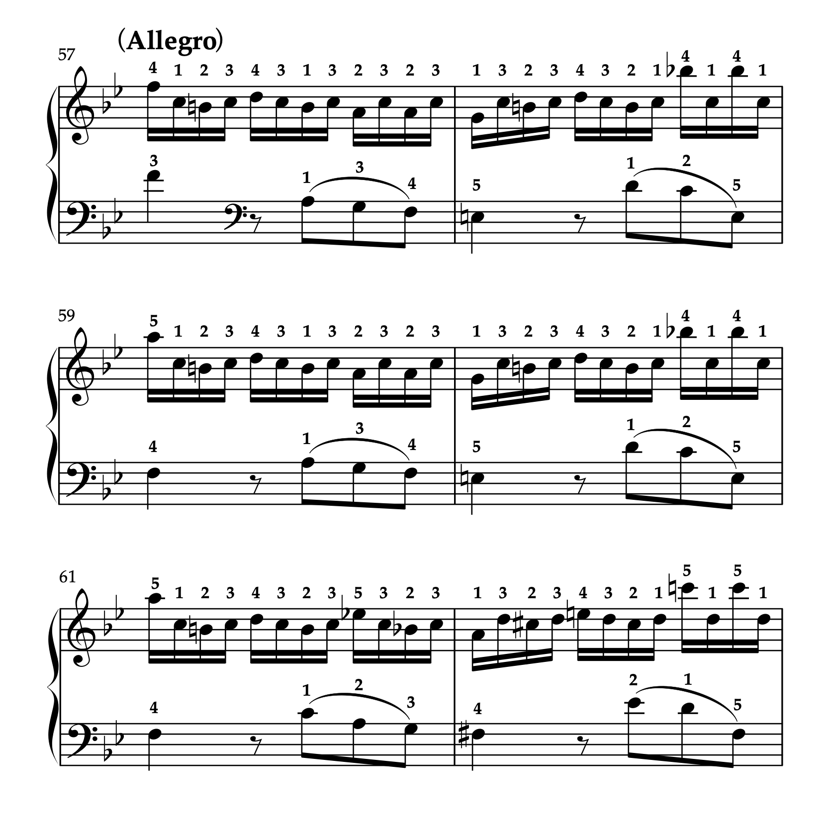 モーツァルト「ピアノソナタ 変ロ長調 K.570 第1楽章」57-62小節の楽譜。