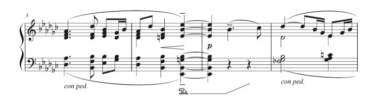 ドビュッシー「亜麻色の髪の乙女」5-8小節の楽譜。