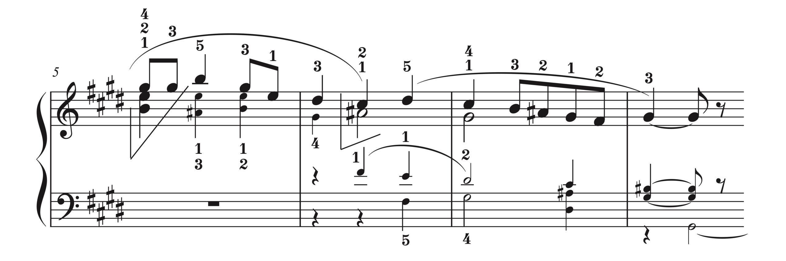 ラヴェル「メヌエット 嬰ハ短調」5-8小節の楽譜例。