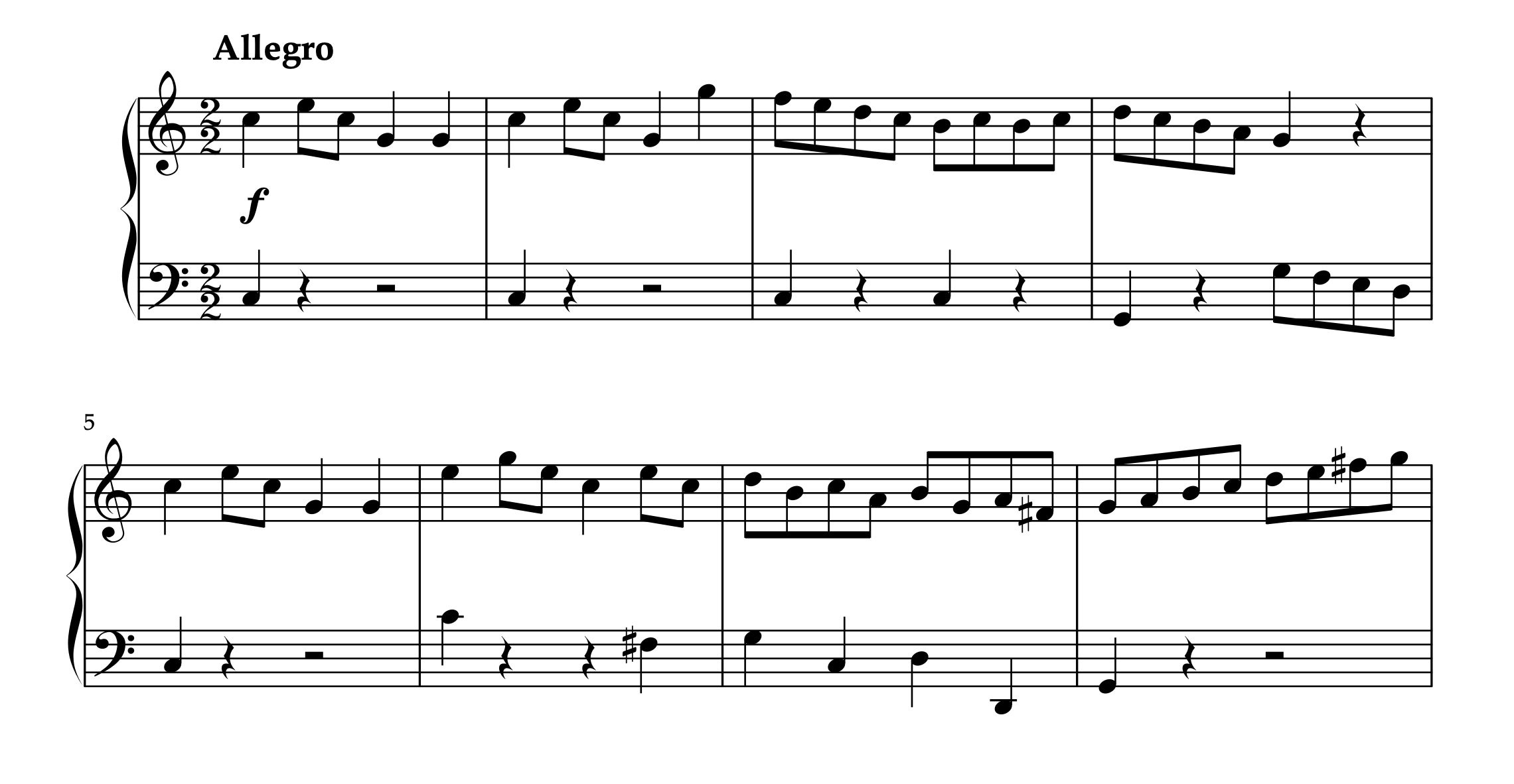 クレメンティ「ソナチネ Op.36-1 第1楽章」冒頭8小節の楽譜。C-durからG-durへの転調例を示す。