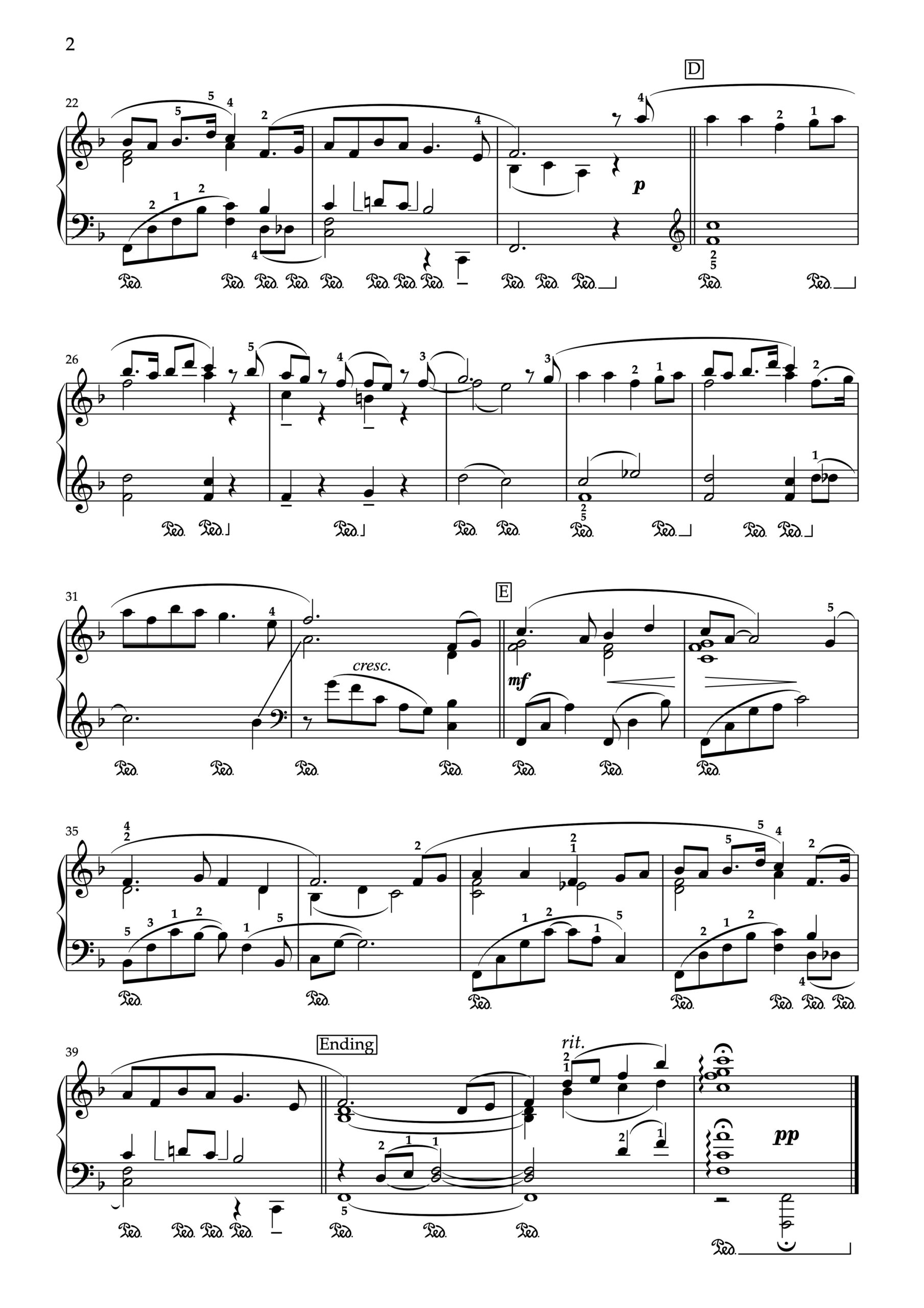 フォスター「ケンタッキーの我が家」ピアノ編曲楽譜2ページ目(ソナチネ程度・全体譜)