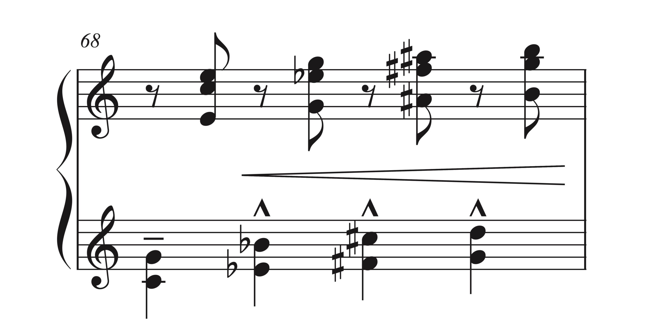 ドビュッシー「グラドゥス・アド・パルナッスム博士」68小節目の楽譜：平行和音のポジション練習法を示す譜例。