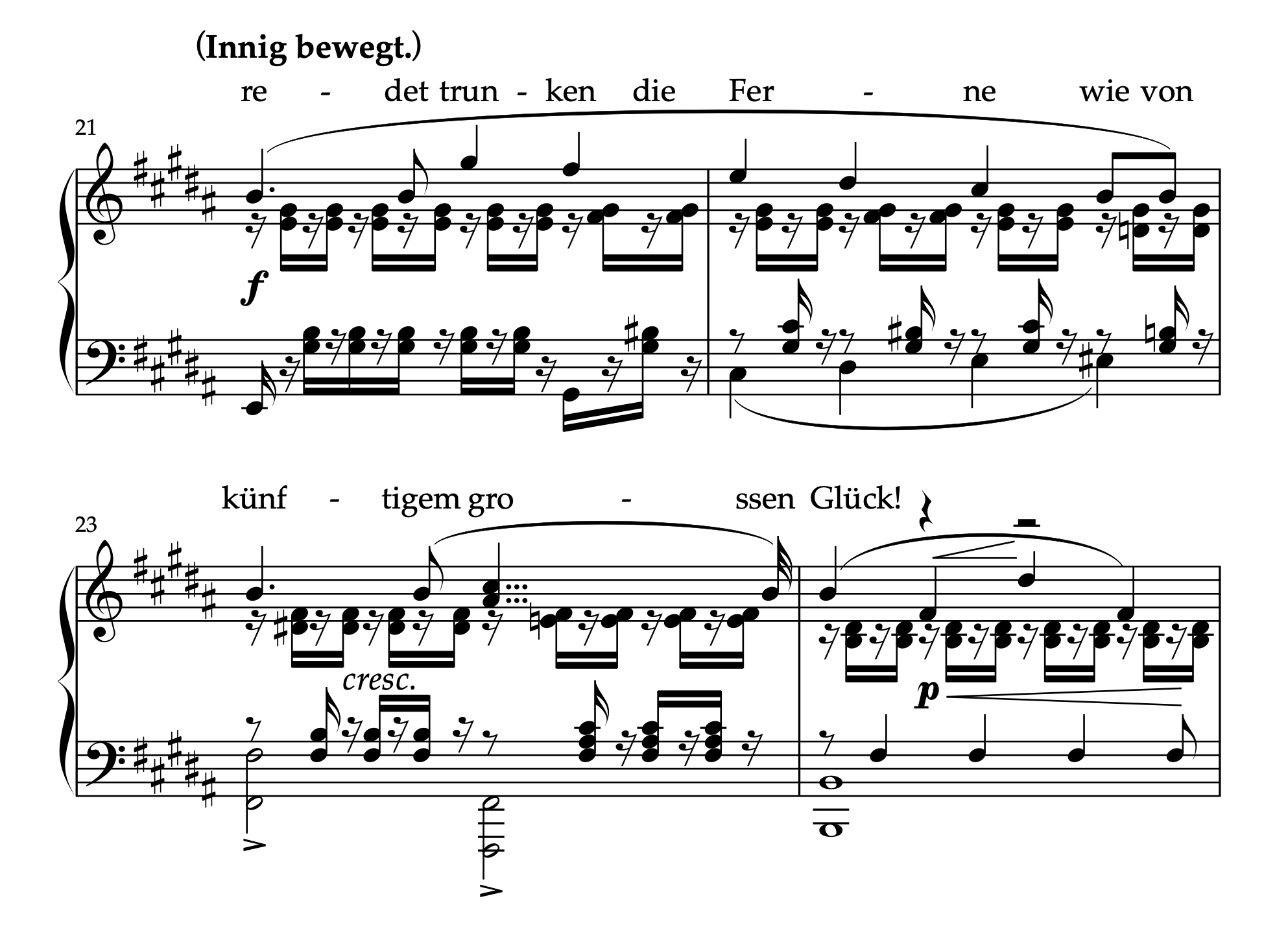 クララ・シューマン編曲版の「美しい異郷」21-24小節、クライマックスの表現を解説するための楽譜。
