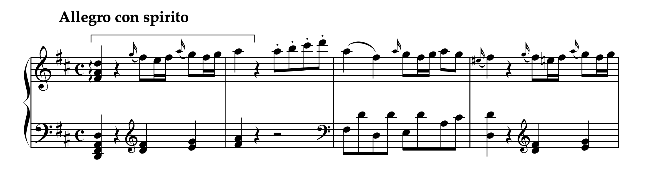 モーツァルト「ピアノソナタ ニ長調 K.311 (284c) 第1楽章」の曲頭の楽譜。「開演ベル」のような役割を持つ序奏と、その直後との対比が示されている。