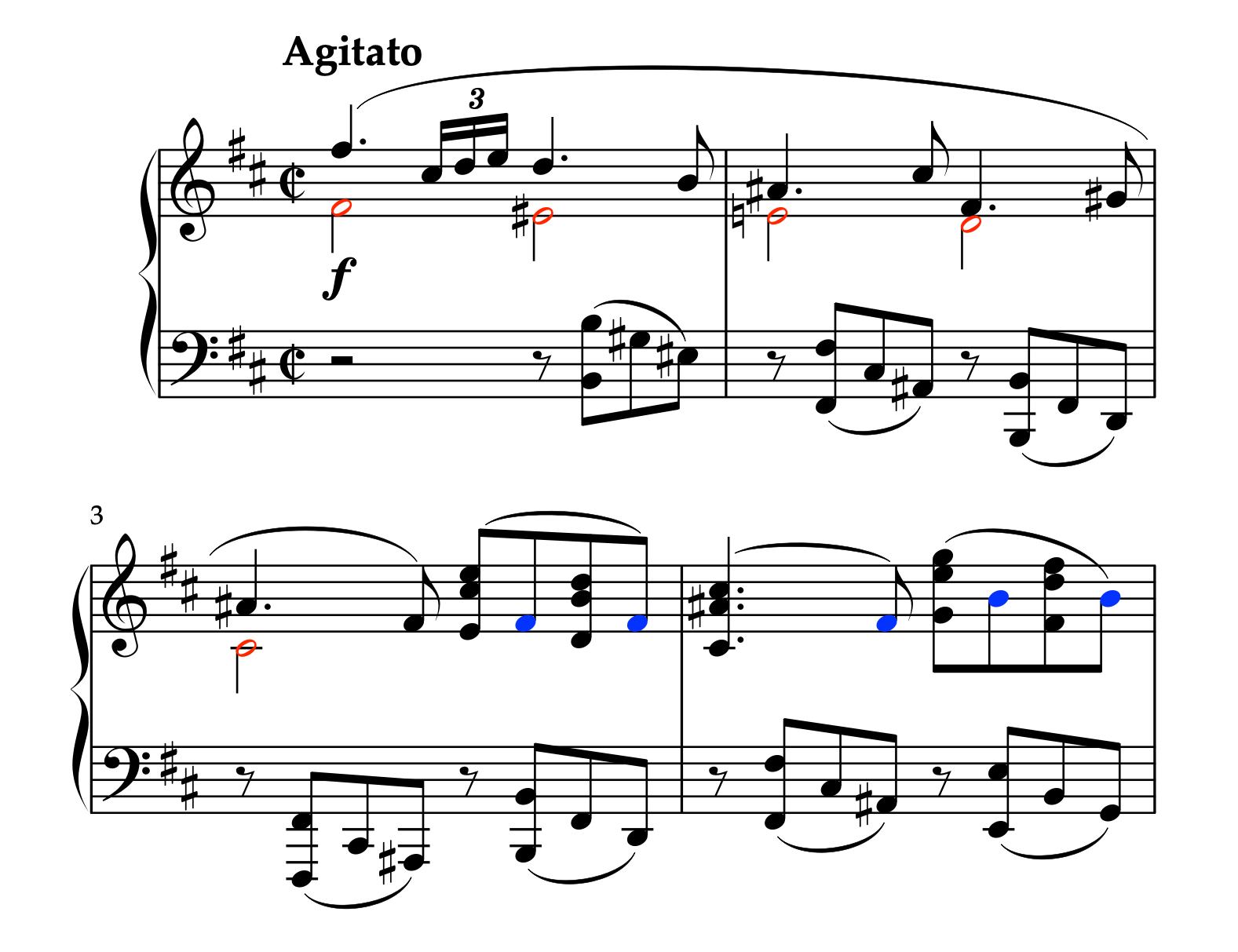 ブラームスの「2つのラプソディ 第1番 ロ短調 Op.79-1」1-4小節の楽譜。