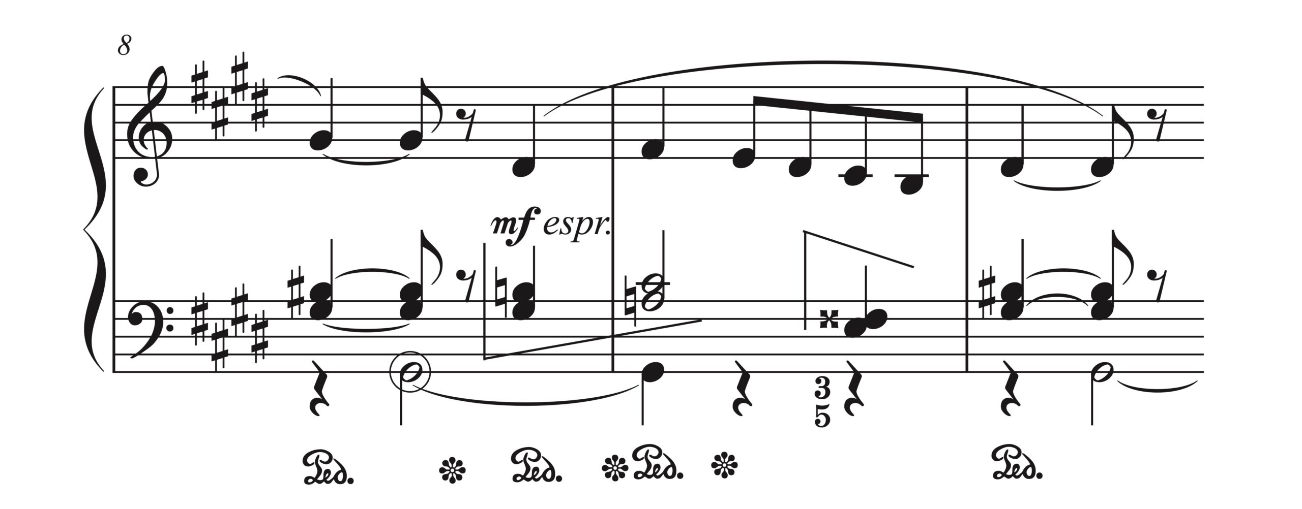 ラヴェル「メヌエット 嬰ハ短調」8-10小節の楽譜。