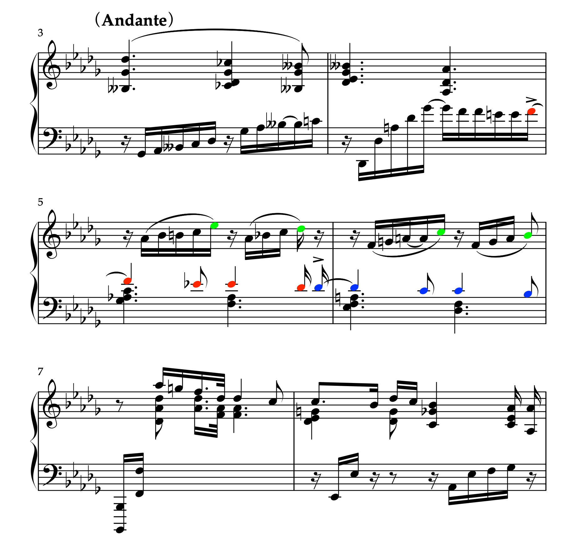 スクリャービン「左手のための2つの小品 Op.9-2 ノクターン」3-8小節の楽譜。