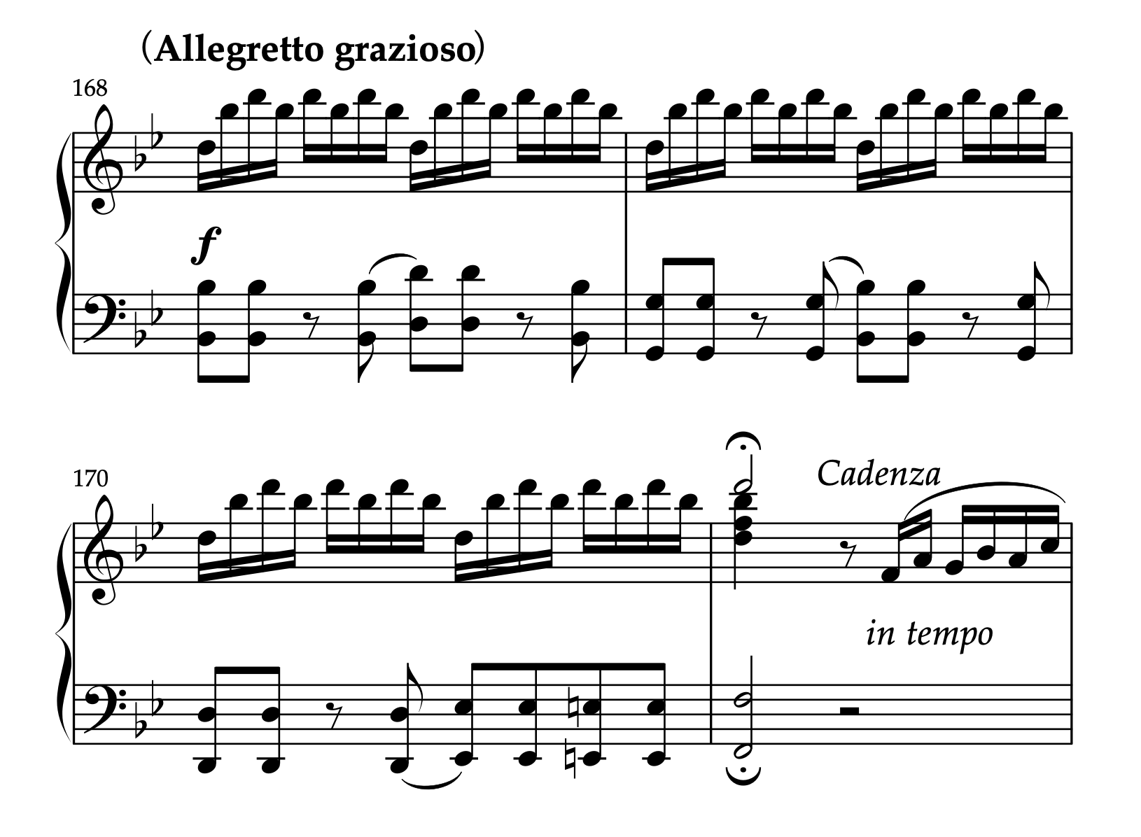 モーツァルト「ピアノソナタ 変ロ長調 K.333 第3楽章」譜例：混合音価和音（白玉と黒玉が混在）の記譜法（168-171小節）