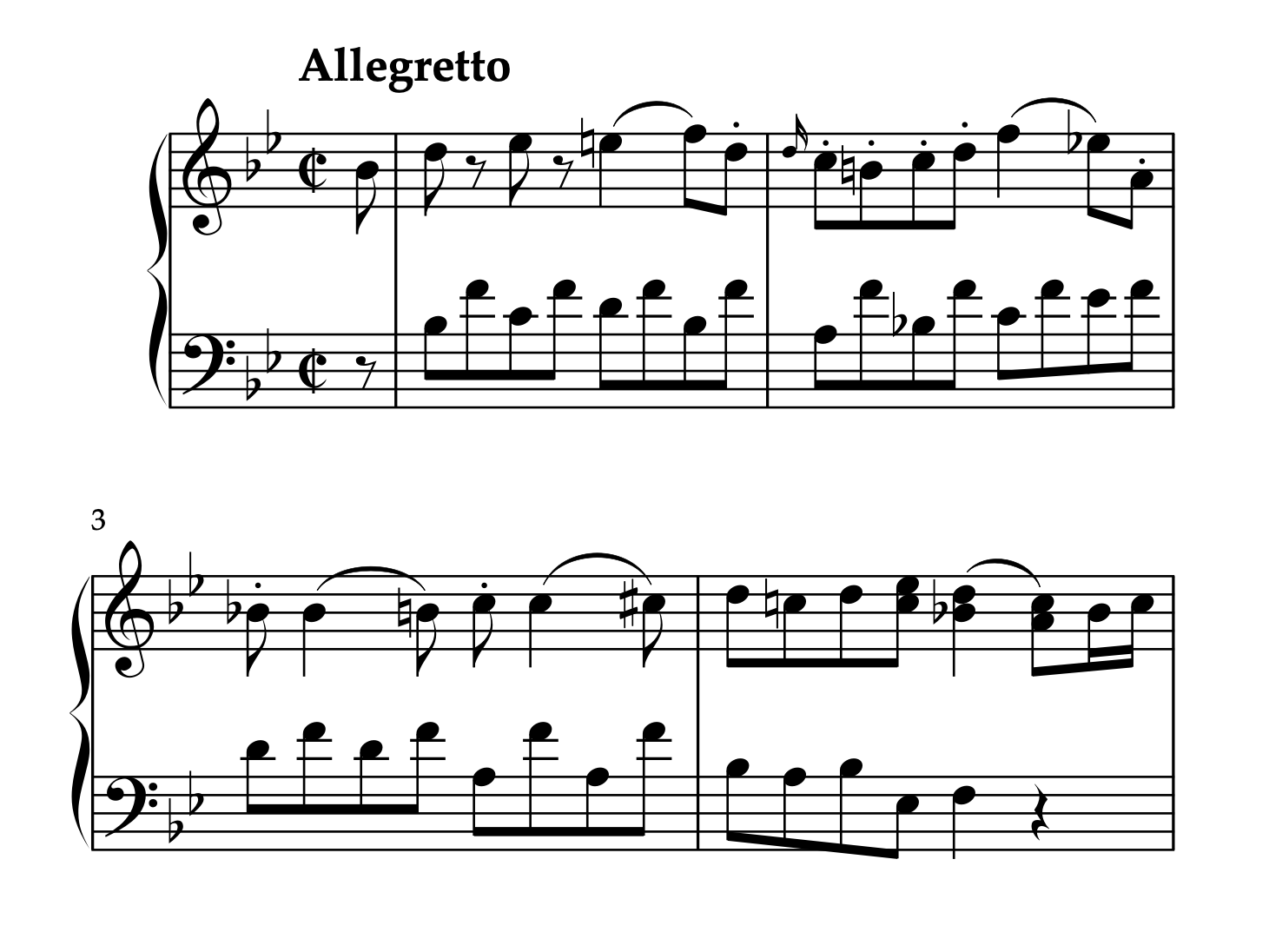 モーツァルト「ピアノソナタ 変ロ長調 K.570 第3楽章」1-4小節の譜例。