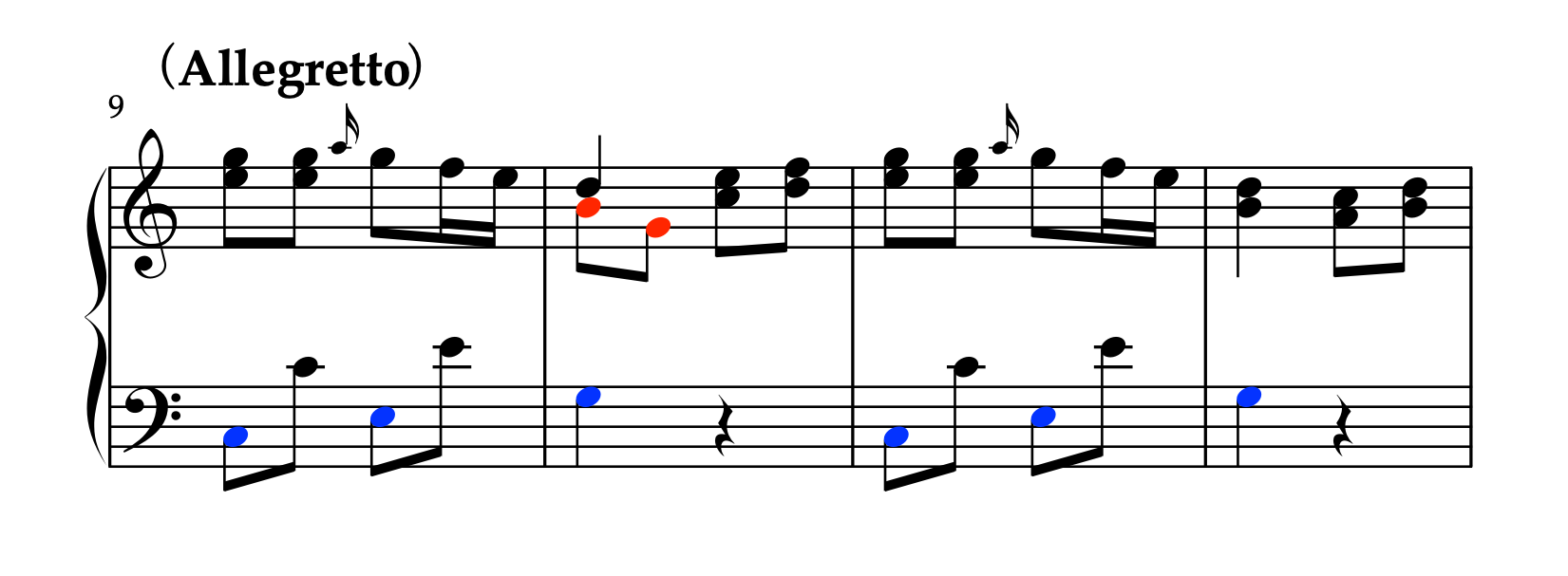 モーツァルト「トルコ行進曲」9-12小節の楽譜。左手のアクセント処理と内声のバランス調整箇所。