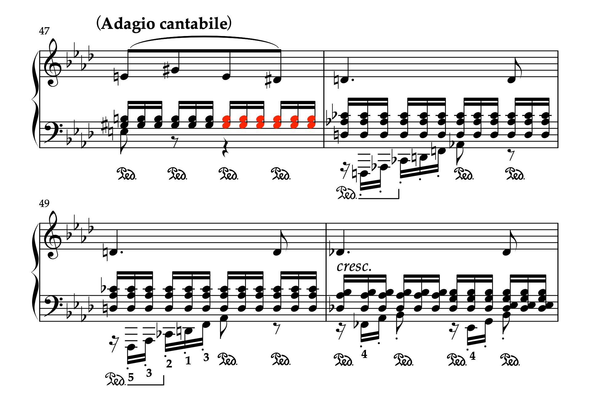 ベートーヴェン「ピアノソナタ 第8番 悲愴 ハ短調 Op.13 第2楽章」47-50小節。