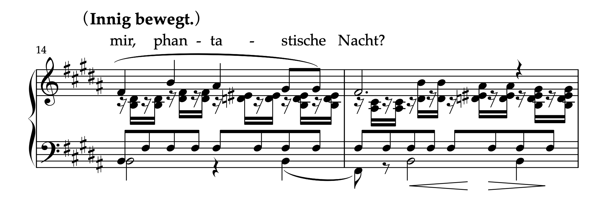 クララ・シューマン編曲版の「美しい異郷」14-15小節、メロディラインの解説用譜例。