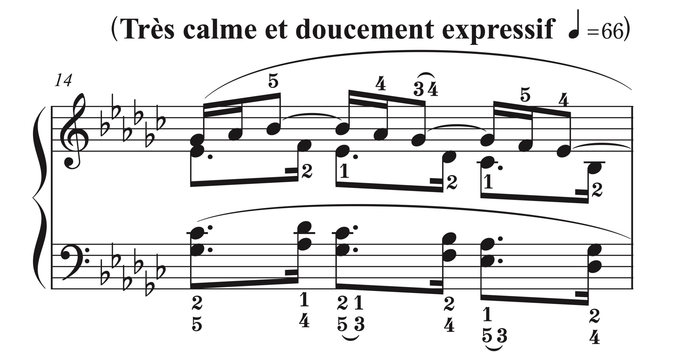 ドビュッシー「亜麻色の髪の乙女」14小節目の楽譜:替え指を用いたレガート運指の例。