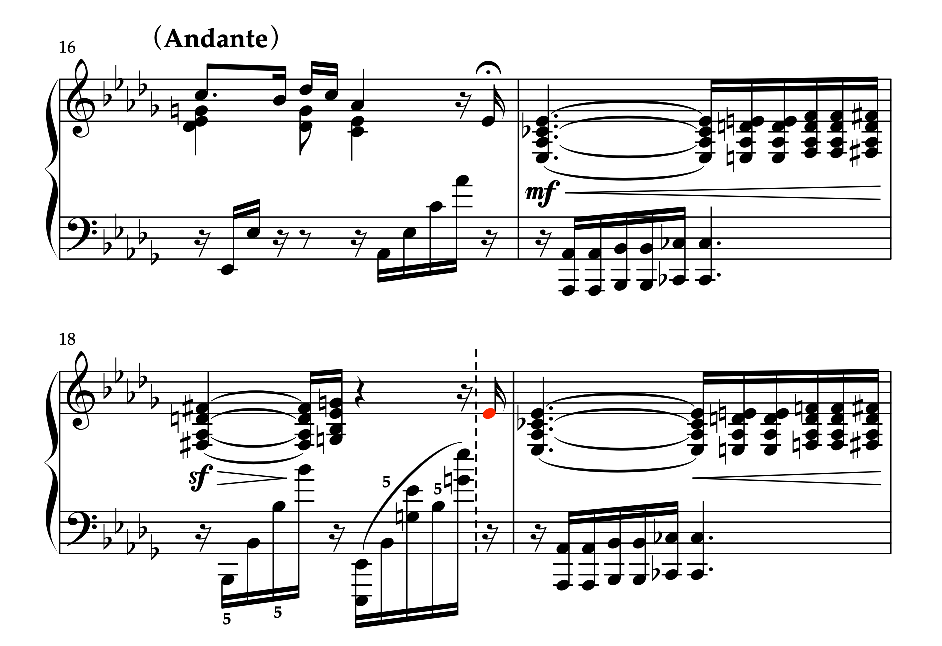 スクリャービン「左手のための2つの小品 Op.9-2 ノクターン」16-19小節の楽譜。