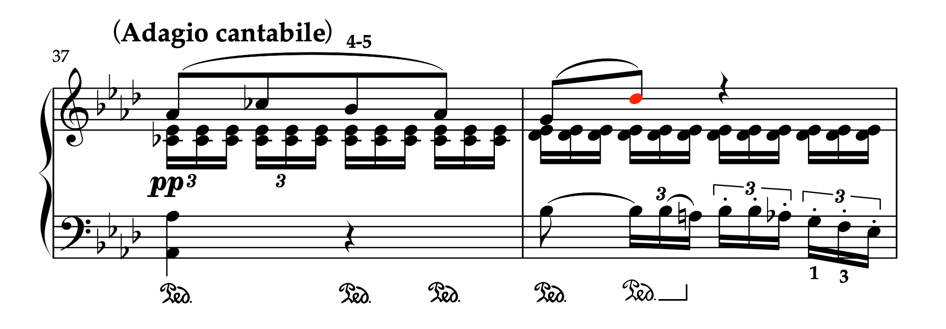 ベートーヴェン「ピアノソナタ 第8番 悲愴 ハ短調 Op.13 第2楽章」37-38小節。第2エピソード冒頭のペダリング。