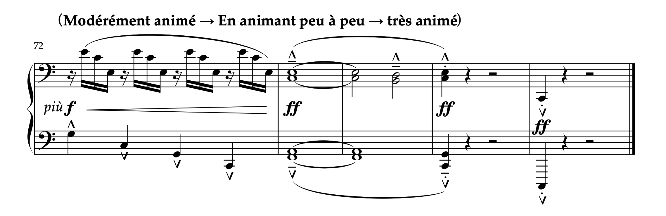 ドビュッシー「グラドゥス・アド・パルナッスム博士」72-76小節の楽譜。