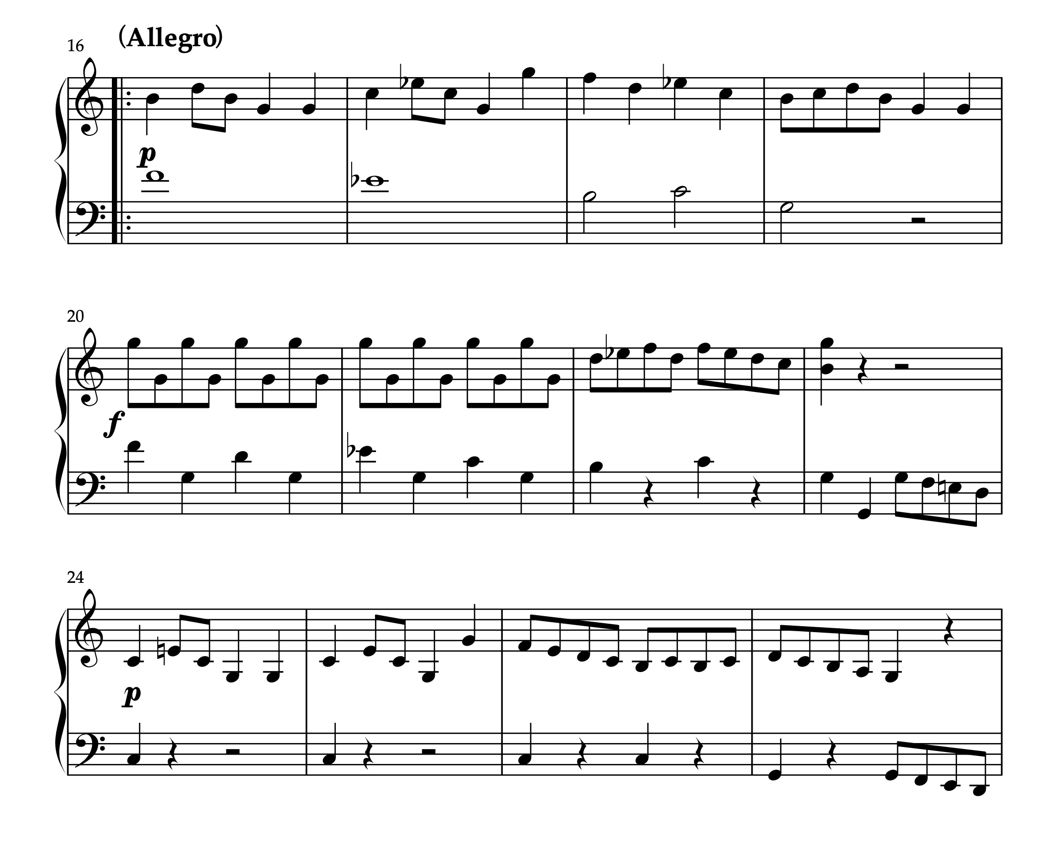 クレメンティ「ソナチネ Op.36-1 第1楽章」16-27小節の楽譜。c-mollからC-durへの移旋(同主調変化)を示す展開部と再現部。