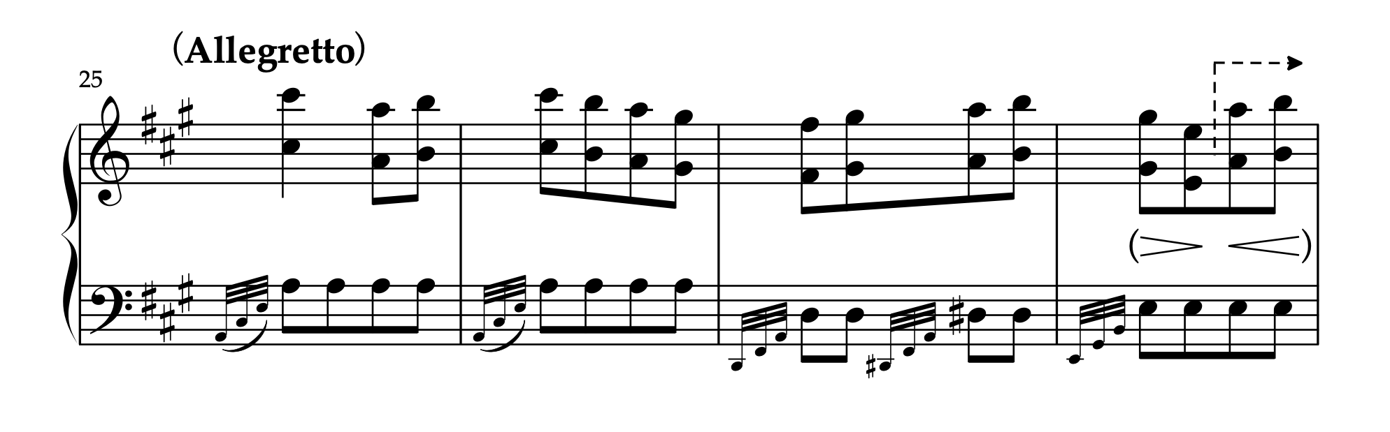モーツァルト「トルコ行進曲」25-28小節の楽譜。オクターブのフレージングと左手の装飾音。