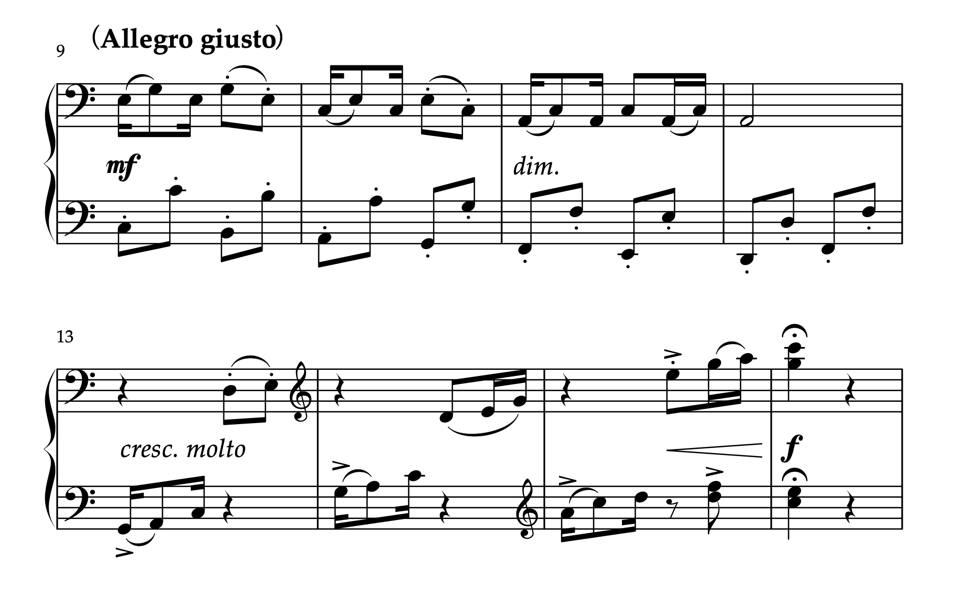 ドビュッシー「小さな黒人」9-16小節の楽譜。