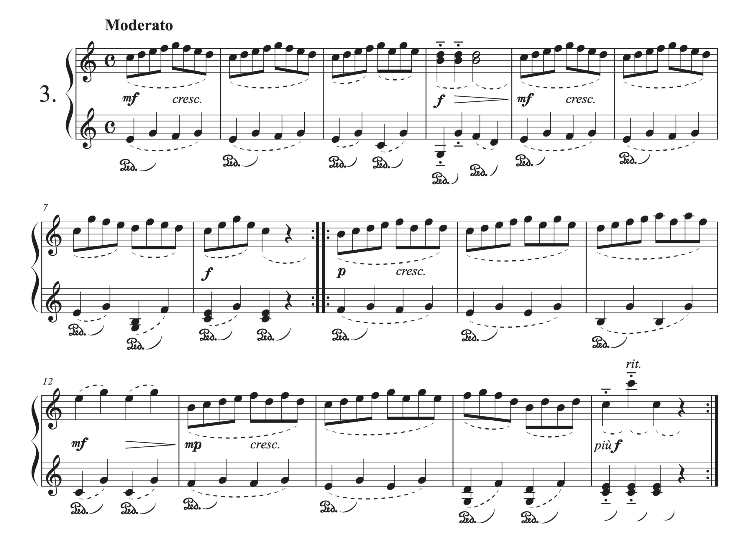「ツェルニー100番 より 第3番」全曲の楽譜(筆者による演奏指示書き込み付き)