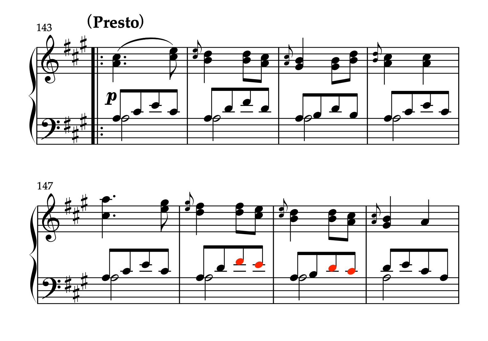 モーツァルト「ピアノソナタ イ短調 K.310 第3楽章」の楽譜。143小節目から150小節までが記されており、一時的なオクターヴユニゾンによる音色の変化の分析例として使用されている。