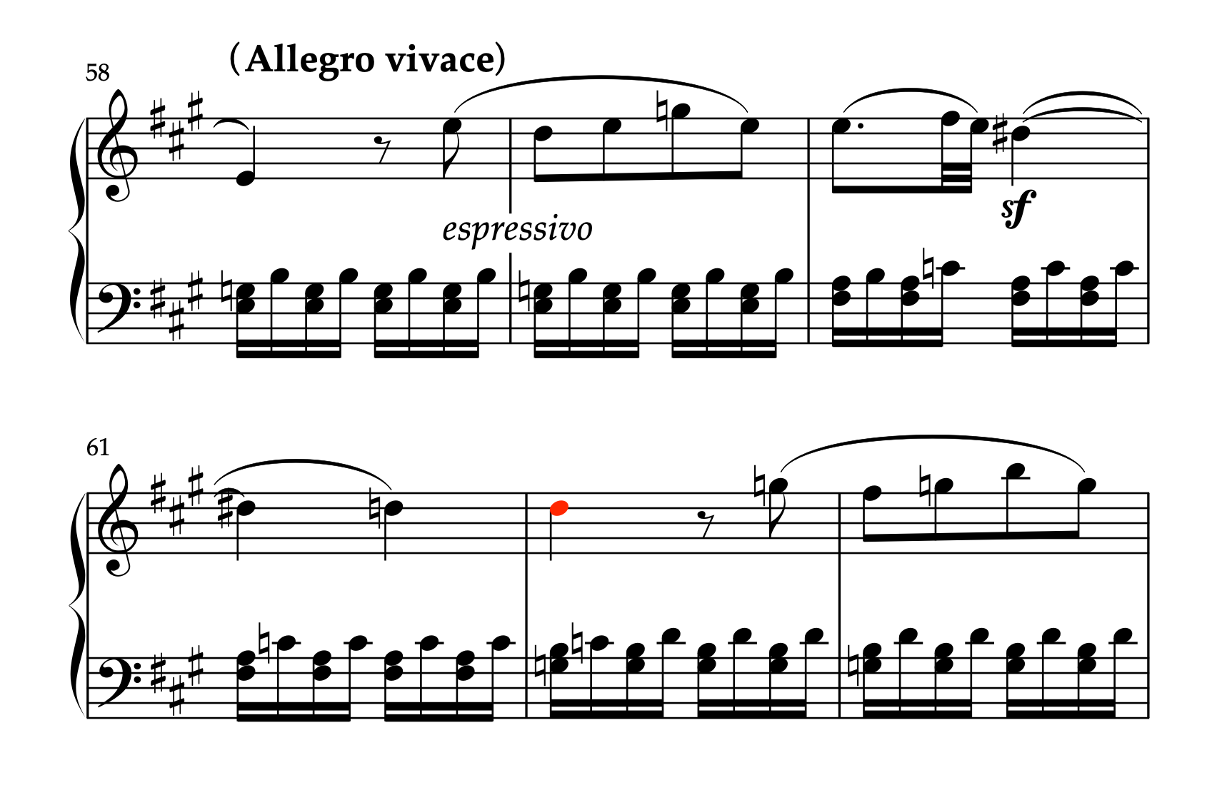 ベートーヴェン「ピアノソナタ 第2番 イ長調 Op.2-2 第1楽章」58-63小節。sfが付いたDis音とフレーズ終わりのD音が示された楽譜。