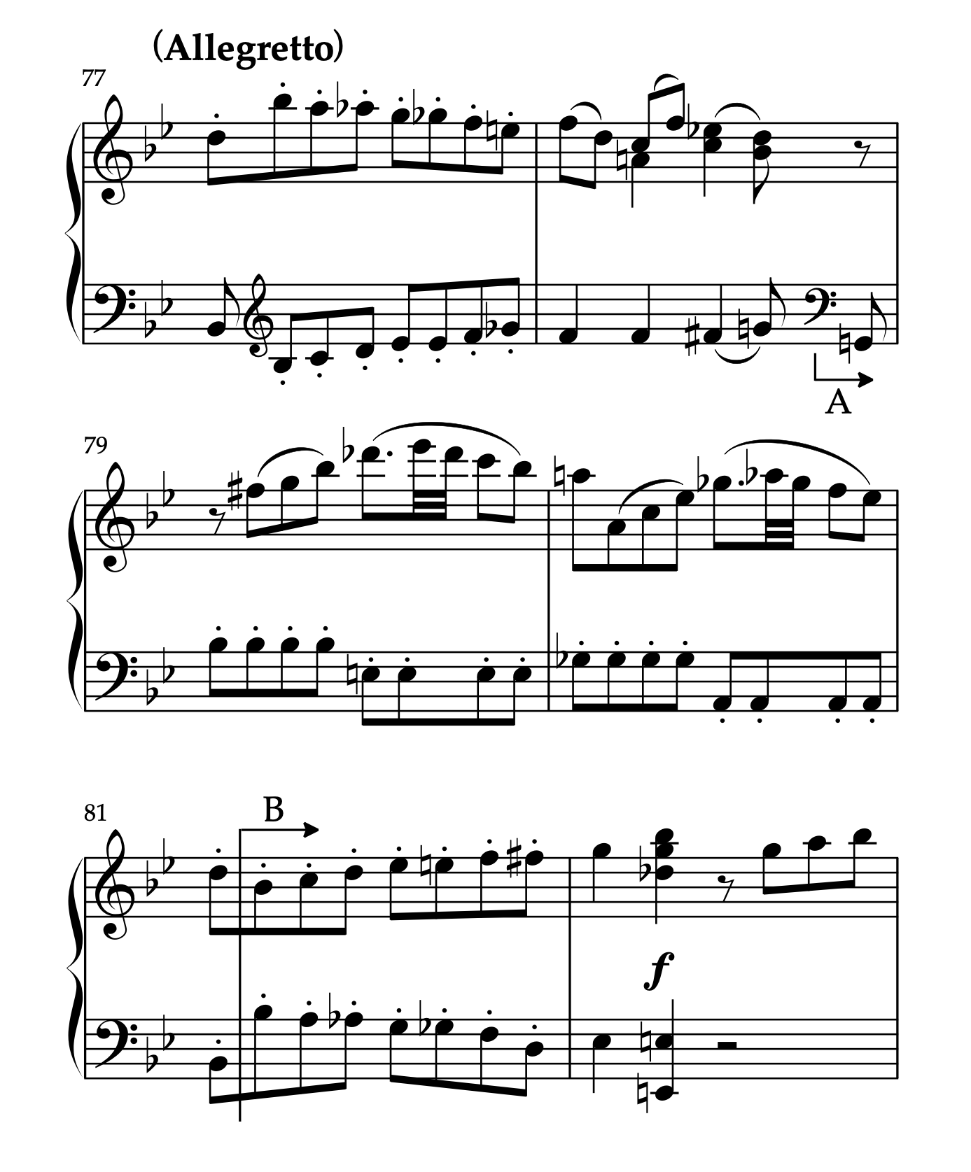 モーツァルト「ピアノソナタ 変ロ長調 K.570 第3楽章」の楽譜。77小節目から82小節目が示されており、各声部の主従関係の入れ替わりについて解説している。