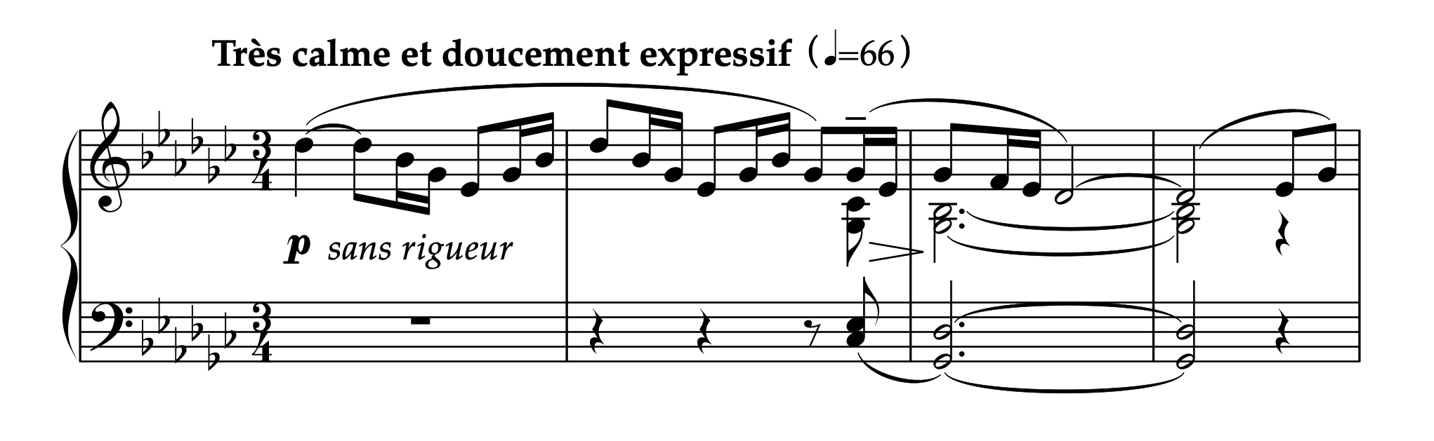 ドビュッシー「亜麻色の髪の乙女」1-4小節の楽譜。