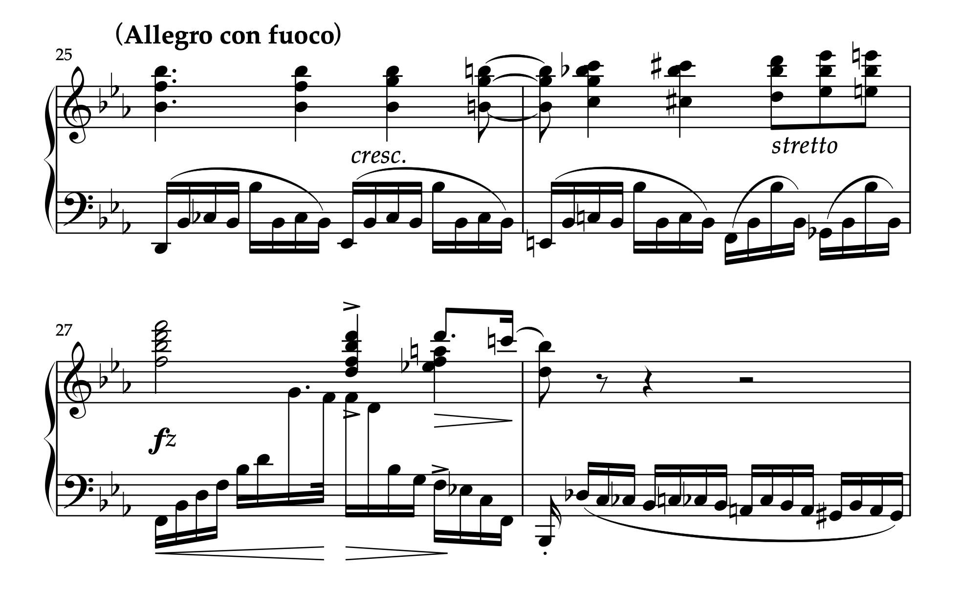 ショパン「エチュード(練習曲)ハ短調 Op.10-12 革命」25-28小節。strettoの指示がある箇所の楽譜。